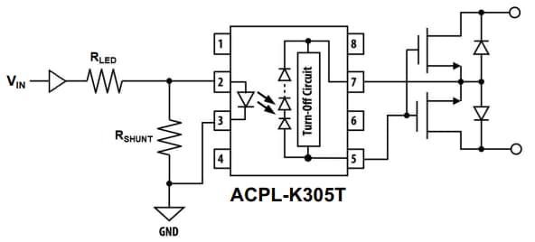 アプリケーション回路図 - Broadcom ACPL-K305T車載用フォトボルタイック・ ドライバ